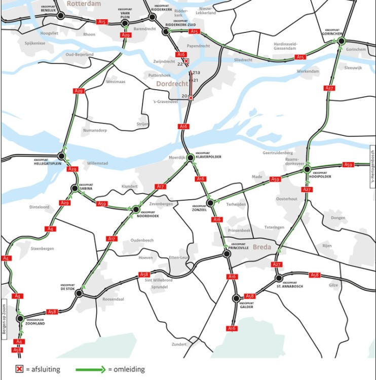 A16 tussen ’s Gravendeel en Zwijndrecht afgesloten van 17-19 juli 2021 (richting Rotterdam)