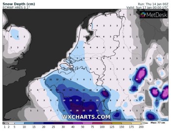 Album afbeelding 1: Dit kaartje voorspelt vijf centimeter sneeuwval in onze regio, de kans erop is zo'n 60%
